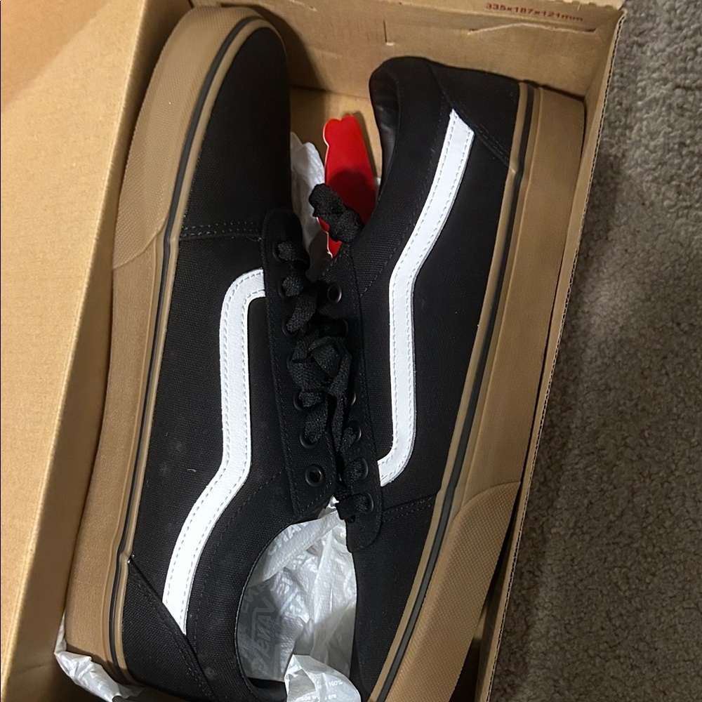 Vans Men's Black and White Sneakers with Tan Sole